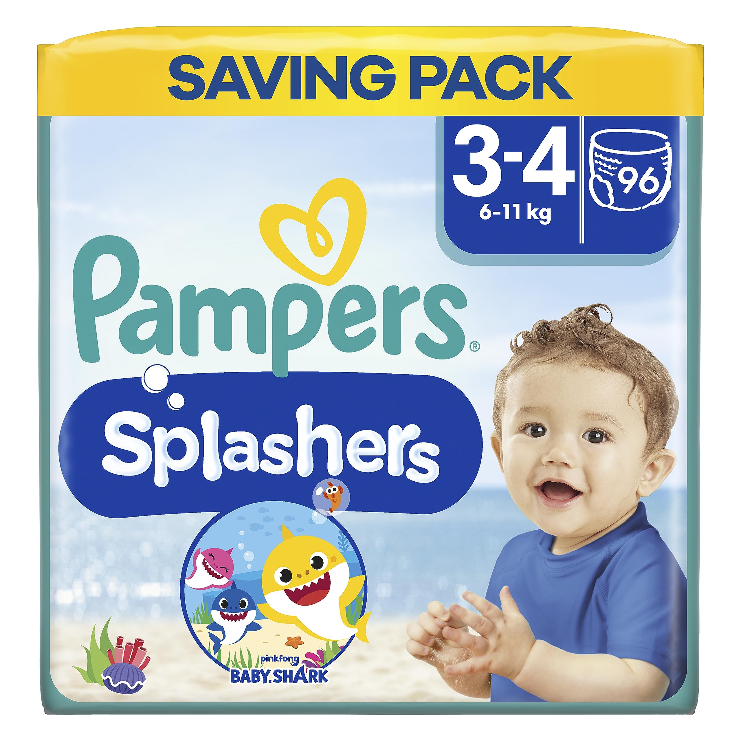 Pampers Splashers Baby Shark Edition Size 3, 12, 6kg-11kg, 96 Count, Disposable Swim Nappy Pants, For Secure Protection In The Water
