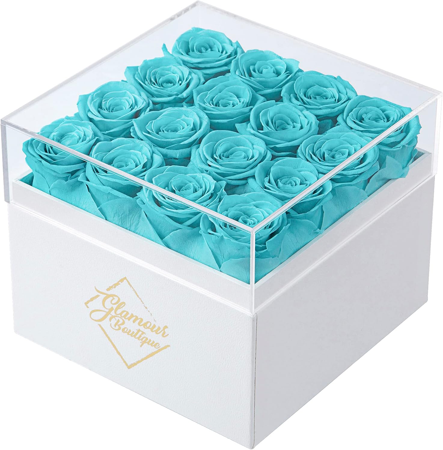 Dried & Preserved Flora - GLAMOUR BOUTIQUE Preserved Roses in a Box - Valentines Day Gifts for Her & Mom, 16-Piece Rose Flowers Decor for Birthday Gift, Cased in White Box with Acrylic Cover, 6.9