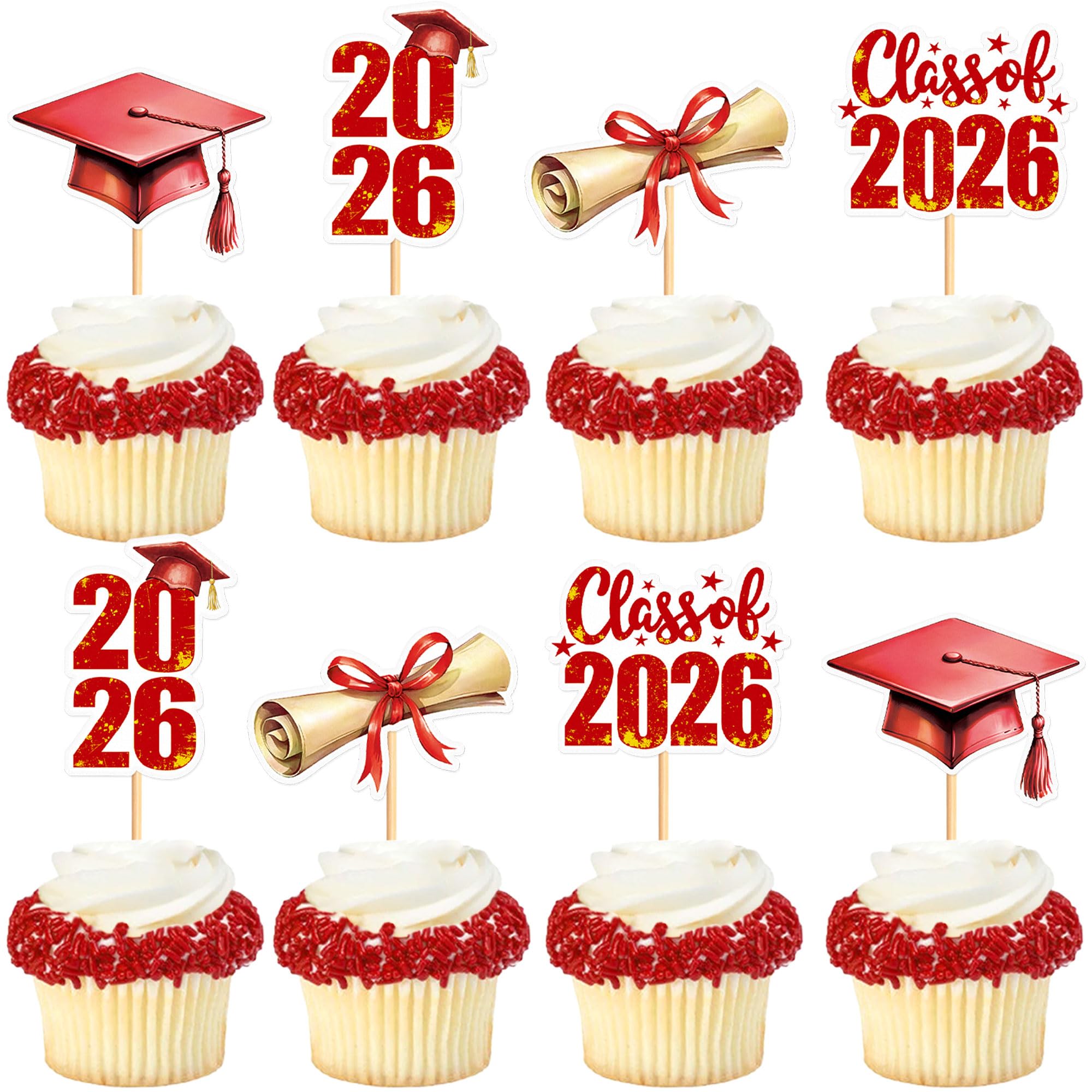 Blumomon 32 Pcs Red Class 2026 Graduation Cap Diploma Cupcake Topper Doctor 2026 Graduation Cupcake Topper Doctor Graduation Congratulations Party Decoration