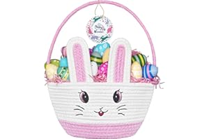 Allaugh Easter Baskets for Kids Girls: Pink Cotton Woven Bunny Large Easter Basket - Empty Baby Easter Basket with Double Rope Handle - Durable Easter Gift Basket For Heavy Weight