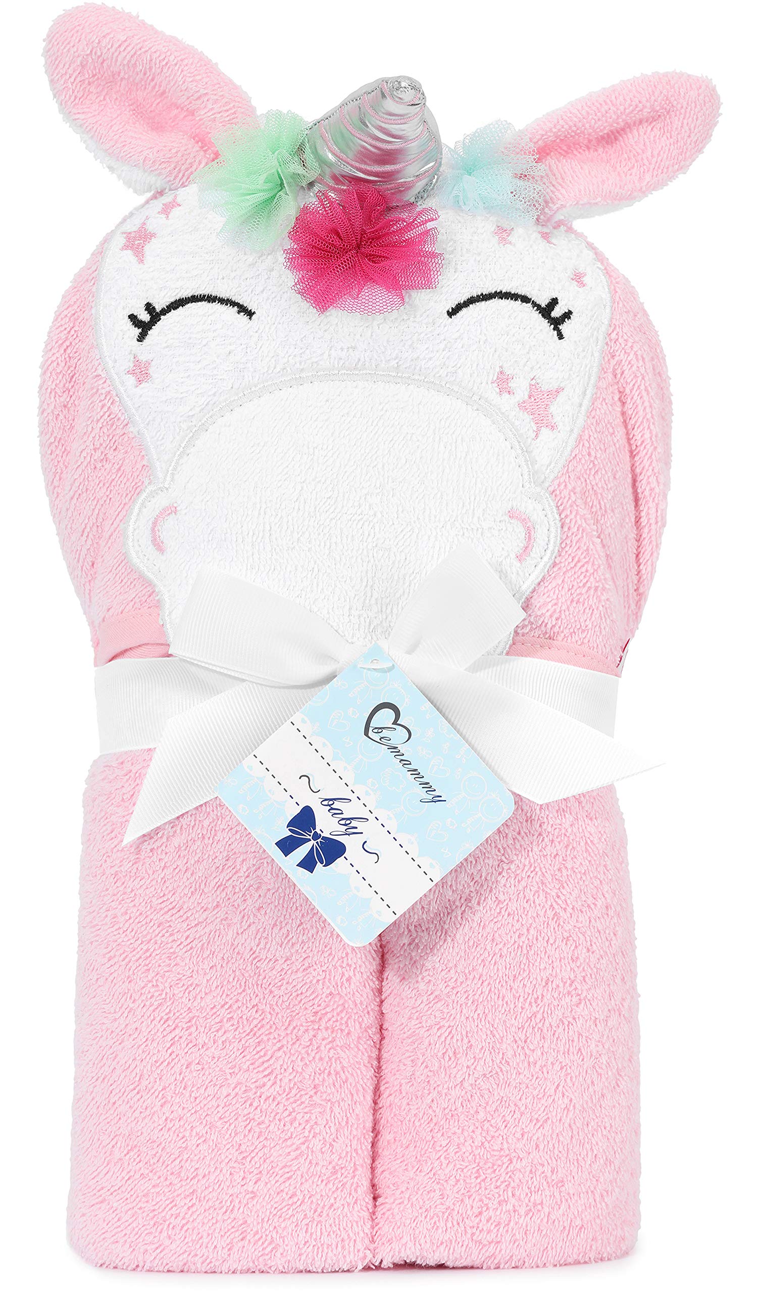 Be Mammy Baby Hooded Towel Made of Cotton 37.4in x 37.4in BE20-272 (Pink - Unicorn)