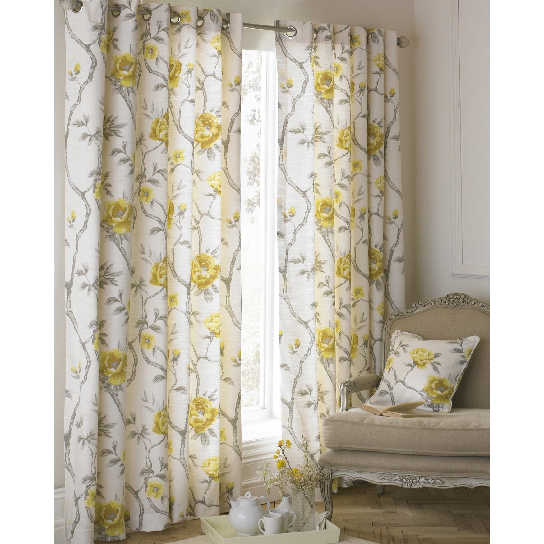 Rosemoor Ringtop Eyelet Curtains (Pair) - Ochre Yellow and Beige - Delicate Floral Design - Ready Made - Semi Sheer - PolyCotton - 117cm width x 183cm drop (46" x 72" inches) - Made by Riva Paoletti