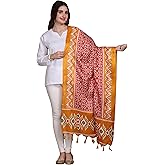 Exotic India Women's Art Silk Dupatta with Ikat Printed and Fringes | Handcrafted Ethnic Printed Design Stole,Chunni