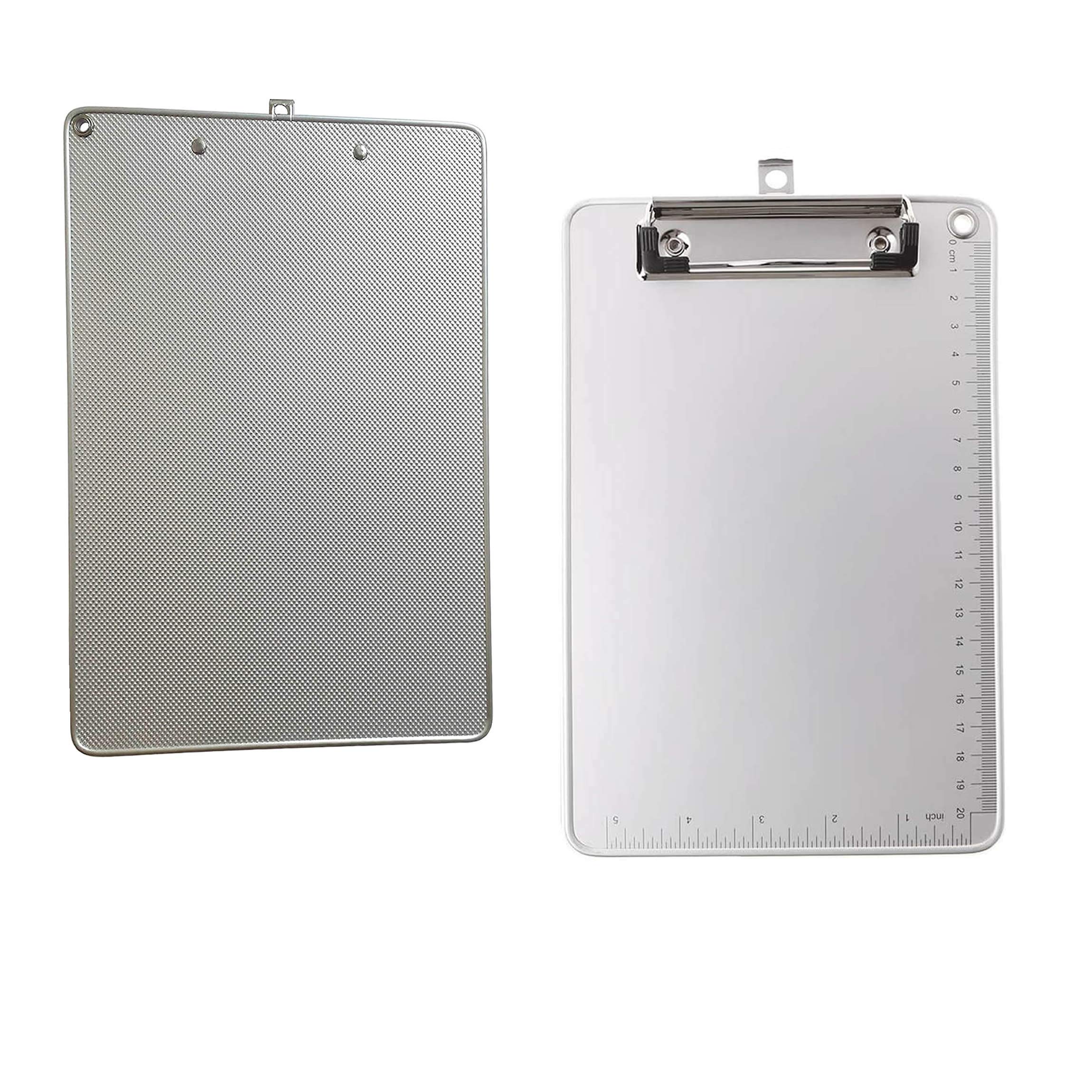 Pack of 2 | A5 Clipbboard Heavy Duty Aluminum Alloy Antislip Paper Holder, Durable Rust Proof Writing Document Holder, Rubberized Metal Clamp, Hardboard Writing Pad, Metallic Silver, TKD8053-A5-2x