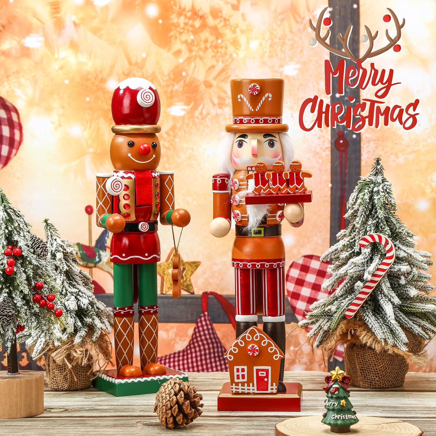 Nutcrackers - Soaoo 2 Pcs Christmas Decorations Nutcracker Figures 13.78 Inch Wooden Gingerbread Christmas Nutcrackers Chef Candyland Gingerbread Decor Winter Table Centerpiece for Xmas Indoor Outdoor House Kitchen