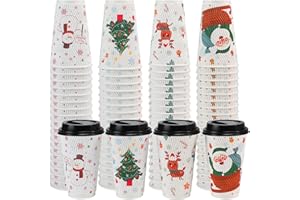 BYSNOW 100 Count Christmas Paper Cups, Xmas Disposable coffee Cups Snowflake Santa Snowman Elk Christmas Cups, 16 oz Disposable Christmas Cups for Daily Use Holiday Party(16oz 100Count)