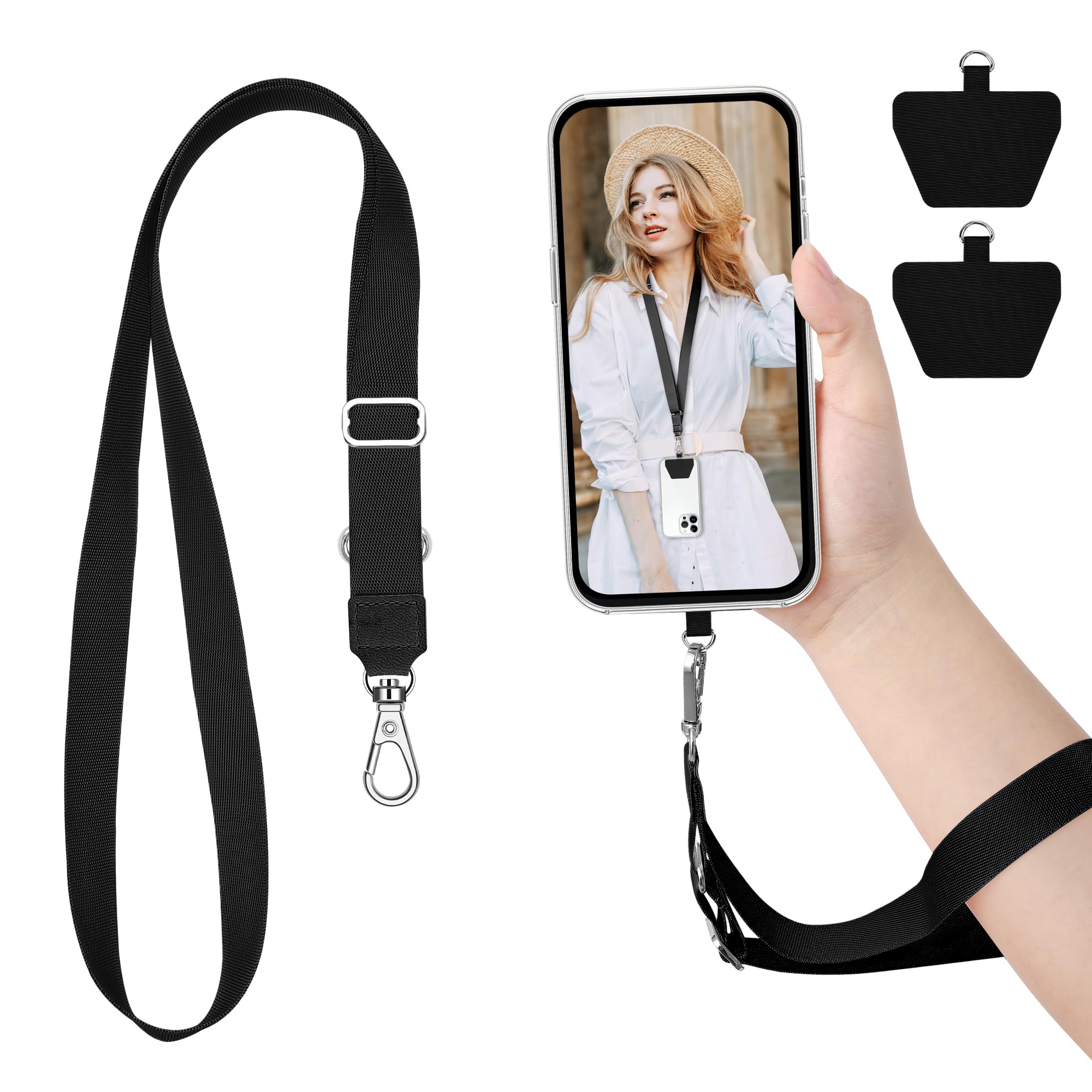 takyu Phone Lanyard Neck Strap, Adjustable Phone Neckstrap with 2 Adhesive Phone Lanyard Tethers Compatible with iPhone Samsung Galaxy and Most Smartphone Black