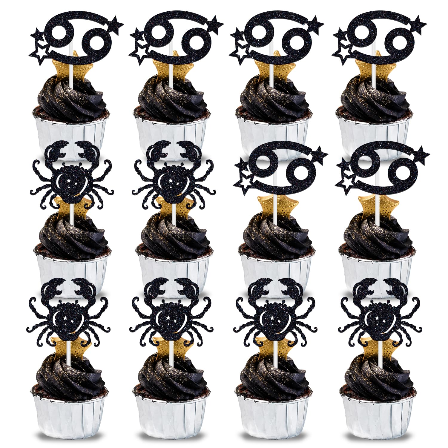 Photo 1 of 12Pcs Cancer Cupcake Topper, Big Cancer Energy/Gemini Season, 12 Constellation June/July Birthday Cupcake Decoration, Horoscope Astrology Birthday Party Supplies, Black Glitter