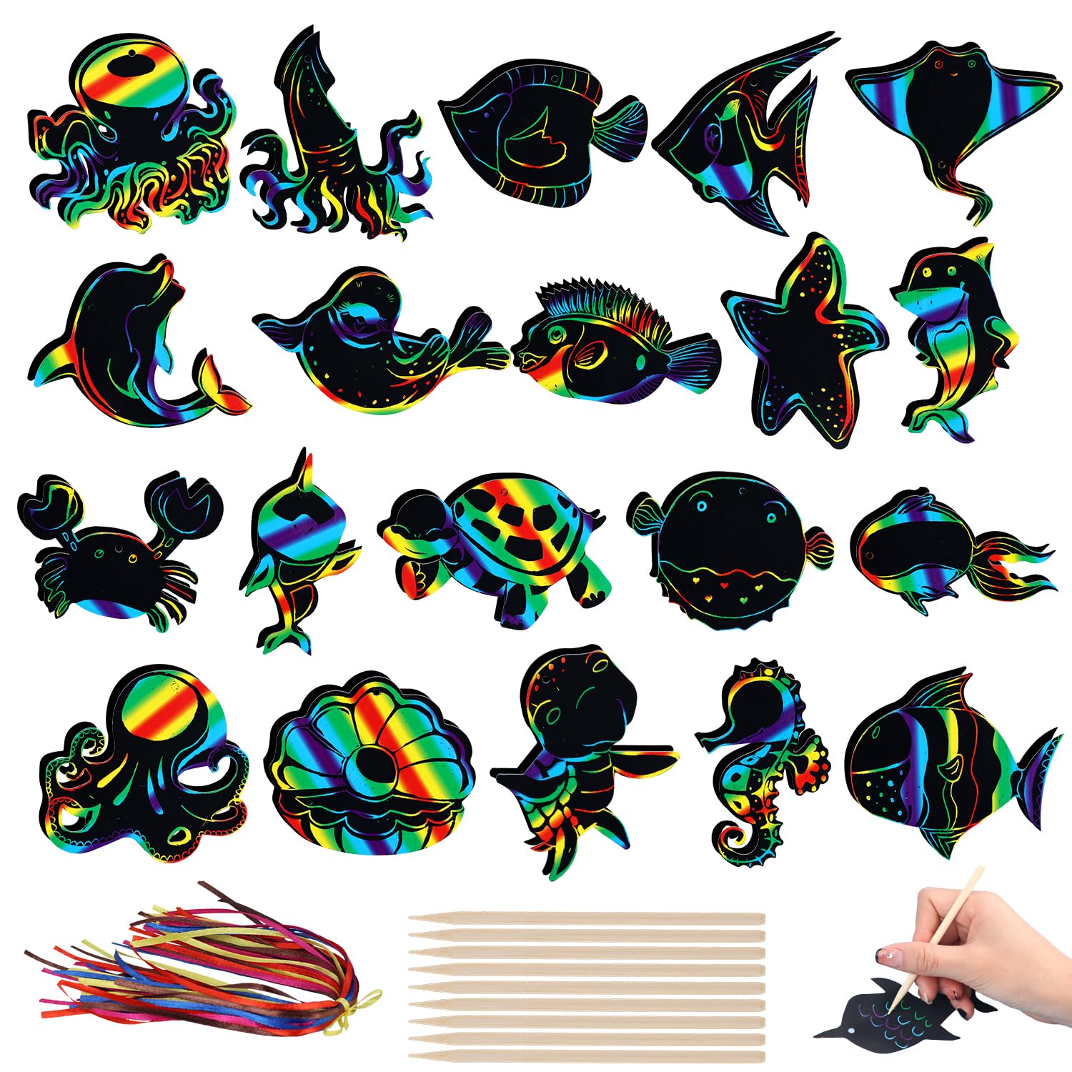 PEUTIER 40pcs Sea Creatures Scratch Art Cards, Sealife Animals Shapes Rainbow Scratch Magic Paper with 20pcs Wooden Sticks and 40pcs Ropes for Kids Decorations Leisure Time Entertainment Supplies