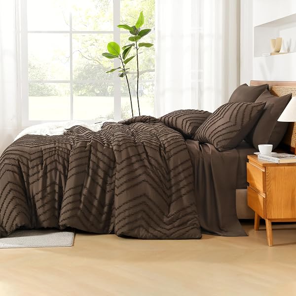 LITANIKA KING SIZE COMFORTER SET WITH SHEETS BROWN – 7 PIECES BED IN A BAG KING CHEVRON TUFTED COMPLETE BEDDING SETS WITH COMFORTER, SHEETS, PILLOWCASES & SHAMS