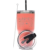 Greatness Line Auntie's Sippy Cup 30 oz. Coral Stainless Steel Tumbler Value Pack with 2 Lids and Extra SS Straw - Ideal Gift for Soon to Be Aunties