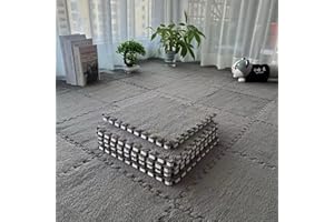 12 PCS Thickened Plush Interlocking Floor Mat Fluffy Square Tiles with 16 Edgings Soft Anti-Slip Puzzle Area Rug for Room (Gr