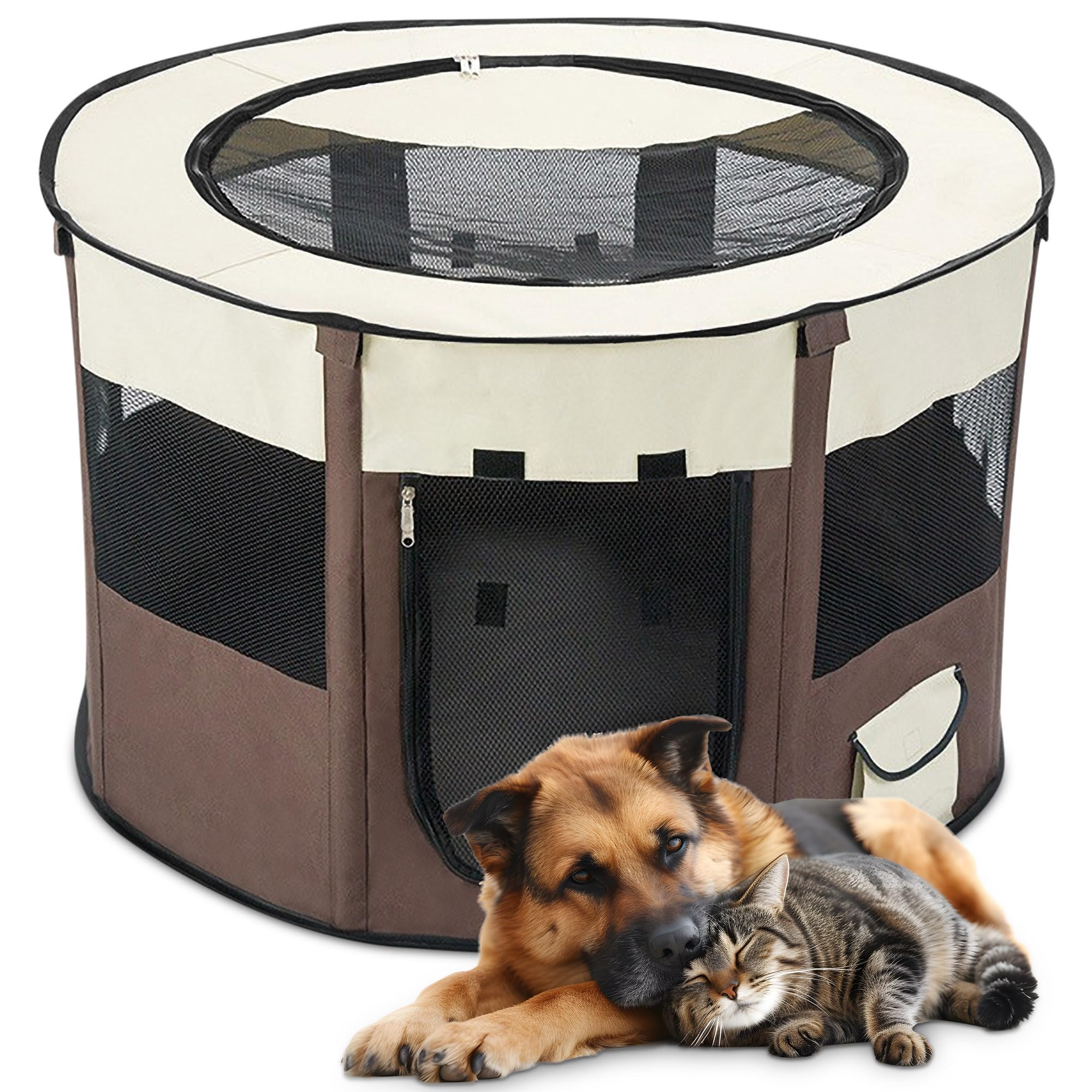 ALLSOPETS Cat Playpen for Dog, Foldable Pet Play Pen for Indoor Outdoor Use, Portable Dog Cat Crate Tent for Puppies Kittens, Pop-Up Pet Cage for Travel Camping (Brown, L)