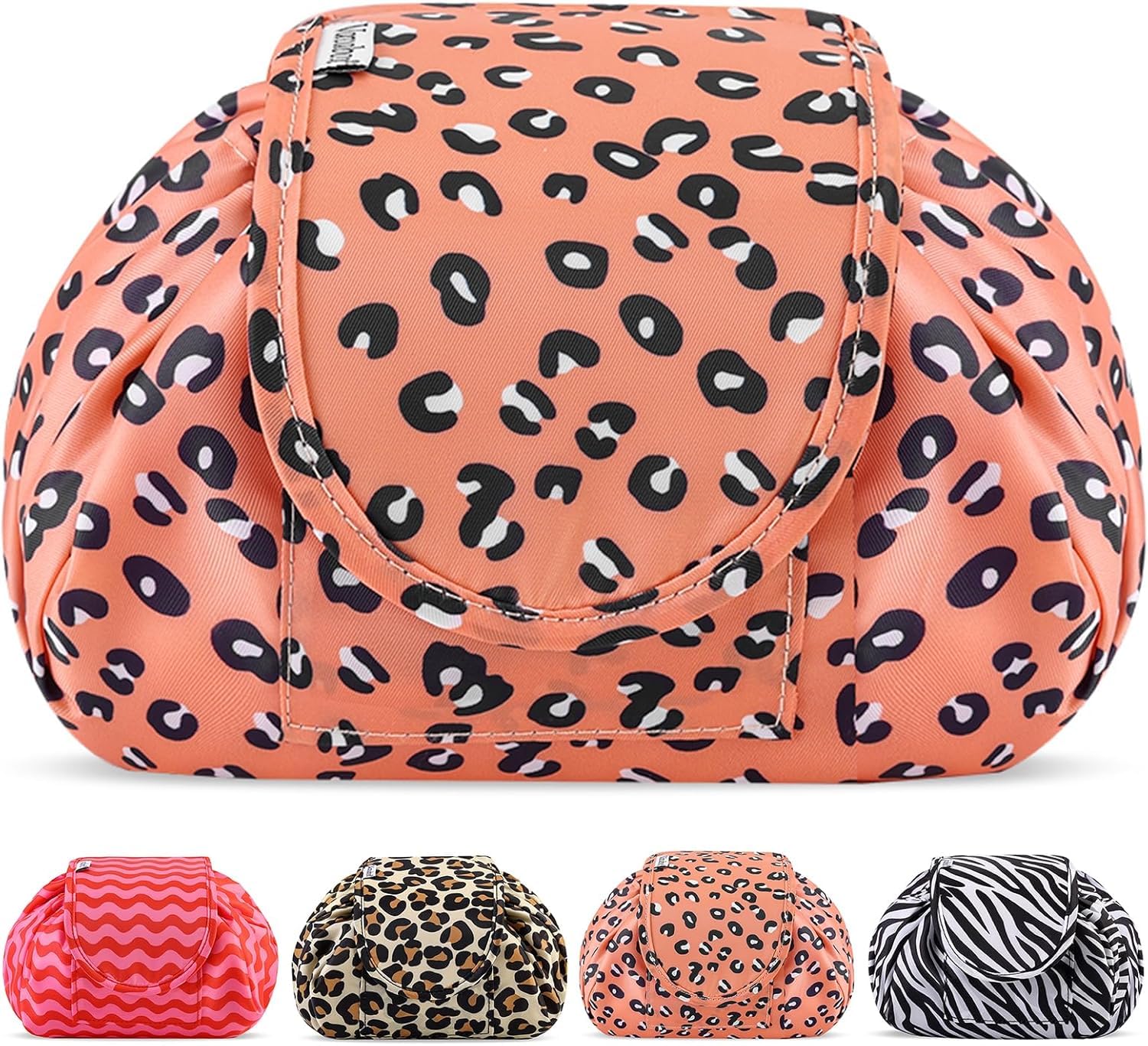 Lazy Drawstring Makeup Bags, Large Capacity Waterproof Travel Portable Cosmetic Bag Pouch Makeup Pouch Storage Organiser for Women Girl (Orange Leopard)