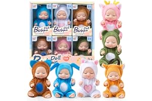 6PCS 4x2 Inch Baby Doll Set Simulation Cute Poseable Realistic Baby Doll with Cute Animal Clothes Mini Dolls Educational Kids