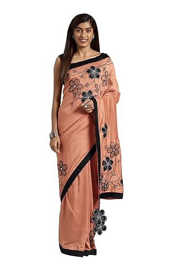 Womens Vichitra Silk Patch Work Saree With Designer Pallu & Border Lace