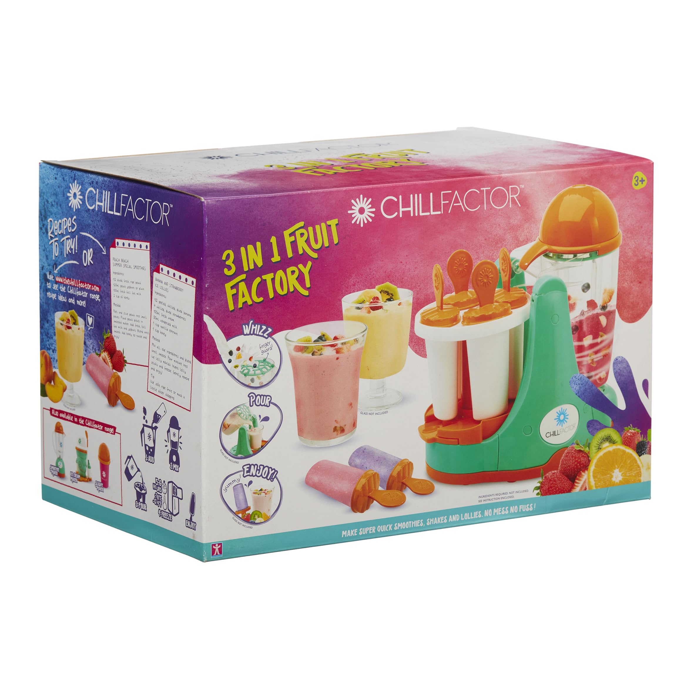 ChillFactor 3 in 1 Fruit Factory Real kids smoothie maker with kid safe blender jug and lolly mould Children's kitchen toy for boys and girls, Green