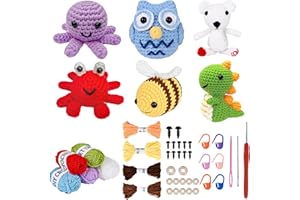 KIMOCHIII 6Pcs Crochet Kit for Beginners, 2025 Upgraded Crochet Animal Kit, Crochet Kit for Kids Adults, All in One Crochet Knitting Kit, Comes with Step-by-Step Video Tutorials(A)