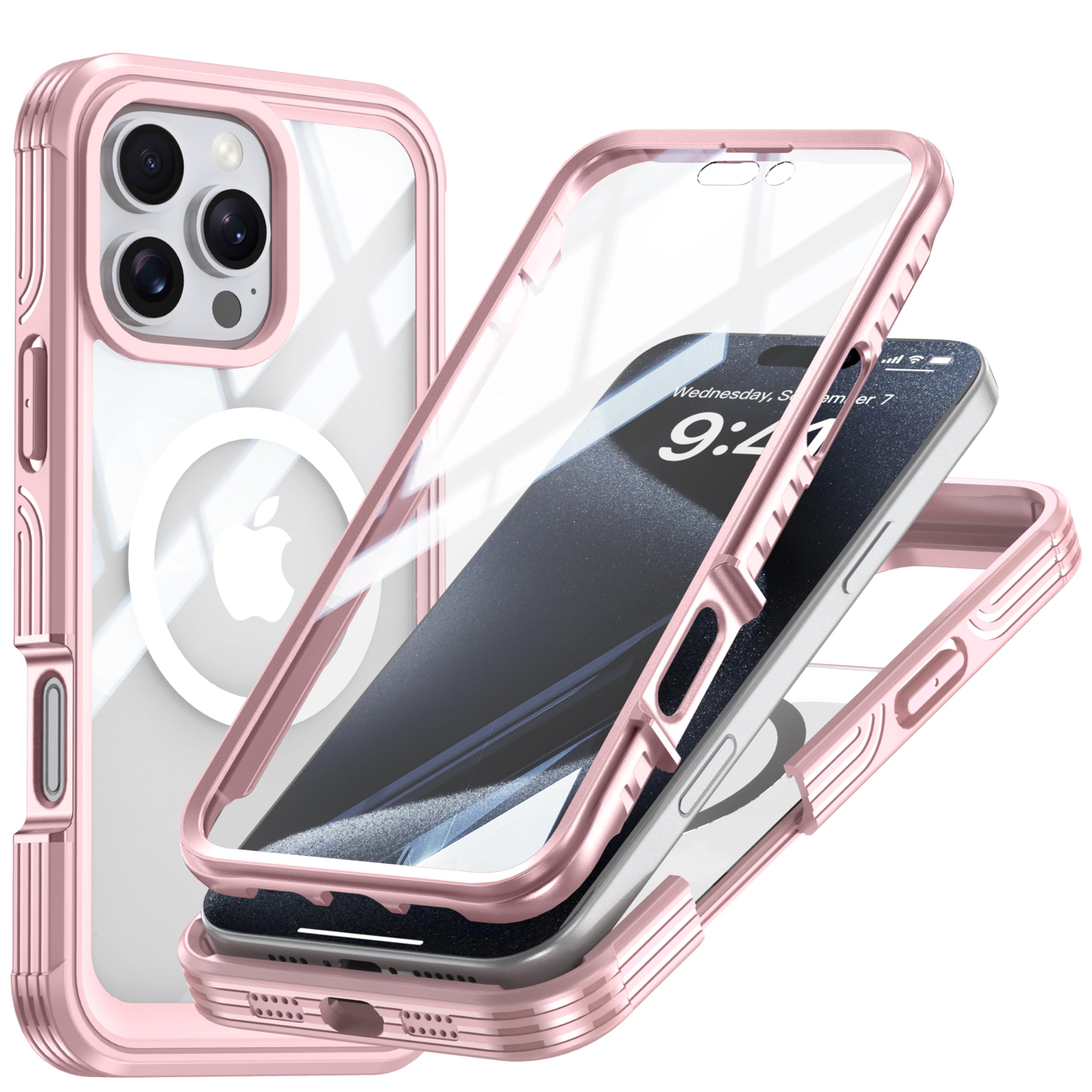 Colala Magnetic Cover for iPhone 16 Pro Max with Built-in Tempered Glass Screen Protector and Camera Protection, 360 Degree Full Body Shockproof Case,Pink