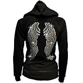 Fashion2ne1 Lady Plus Size Angel Wings Zip up Hoodie Sweater with Rhinestones Front & Back (2X-Large) Black