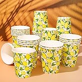 Whaline 50Pcs Watercolor Lemon Paper Cups Fruit Theme Disposable Cups Bulk Summer Yellow Green Decorative Party Cups for Cold Hot Beverage Drinkware Table Decor Party Supplies, 9 Oz