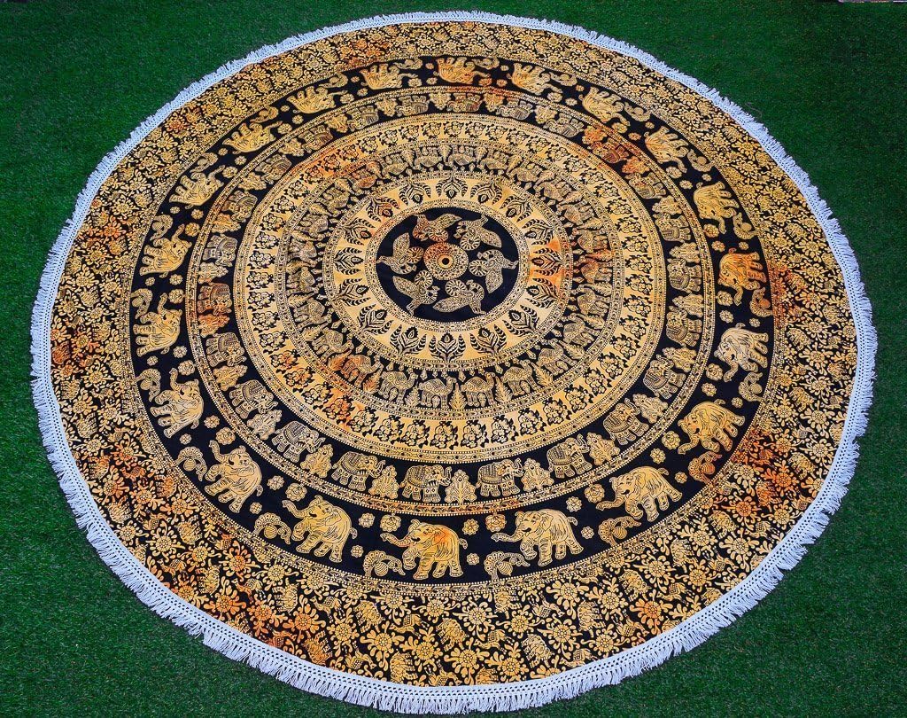 Round Mandala Indian Tapestry Beach Throw Yellow Elephant Camel Peacock Towel Picnic Blanket Yoga Meditation 72 inches