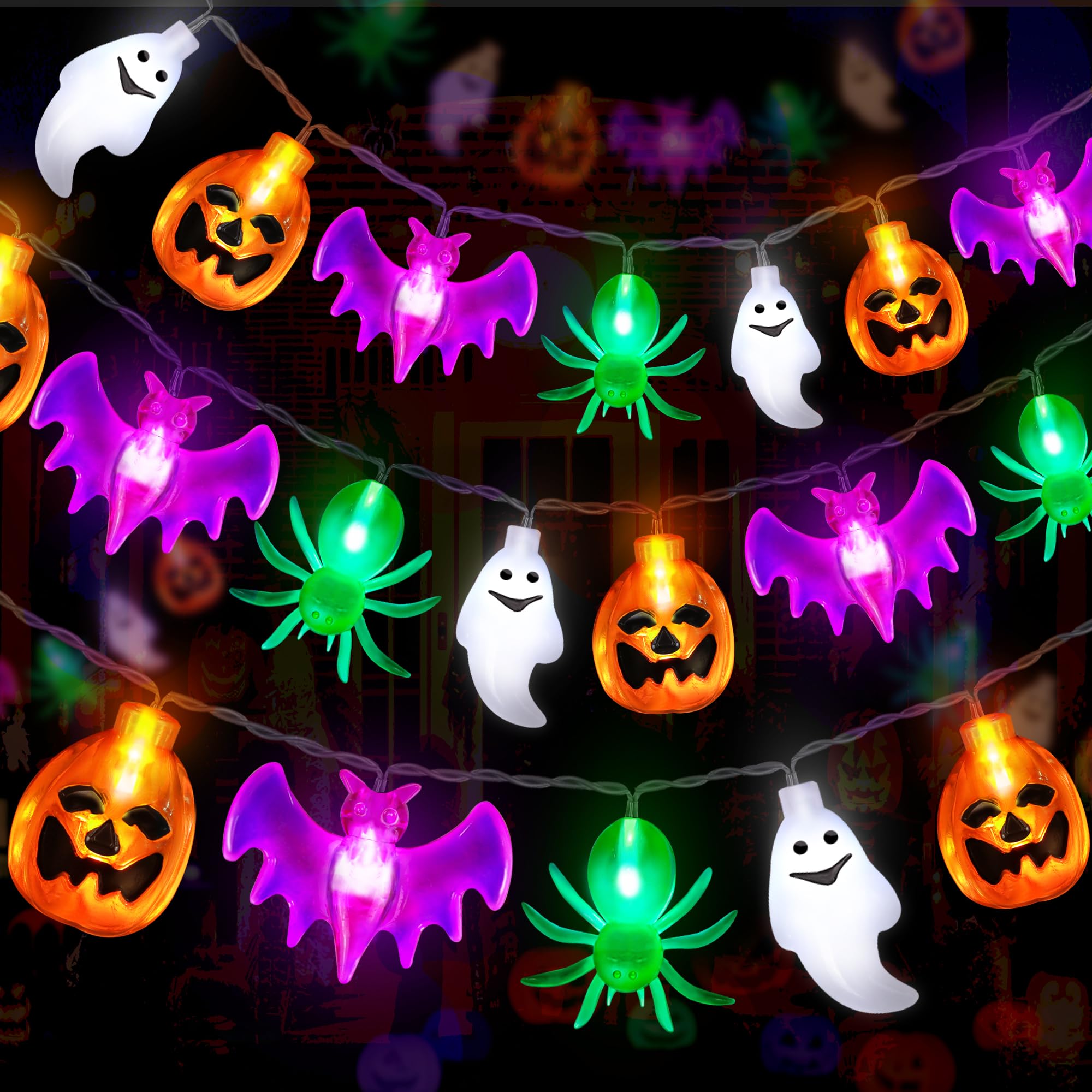 Photo 1 of 20FT 40LED Halloween Lights Outdoor Indoor Pumpkin Bat Spider Ghost Halloween String Lights Battery Operated, 8 Light Modes Waterproof Fairy Lights Decorations for Home Yard Window Party Outside Decor