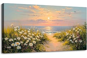 SLYCAY Large Canvas Wall Art Prints, Coastal Daisy Painting Decor, Ocean Sunset Landscape Prints Paintings, Beach Seaside Wildflower Wall Decor Bedroom Living Room Dining Room Office Artwork 20"X40"