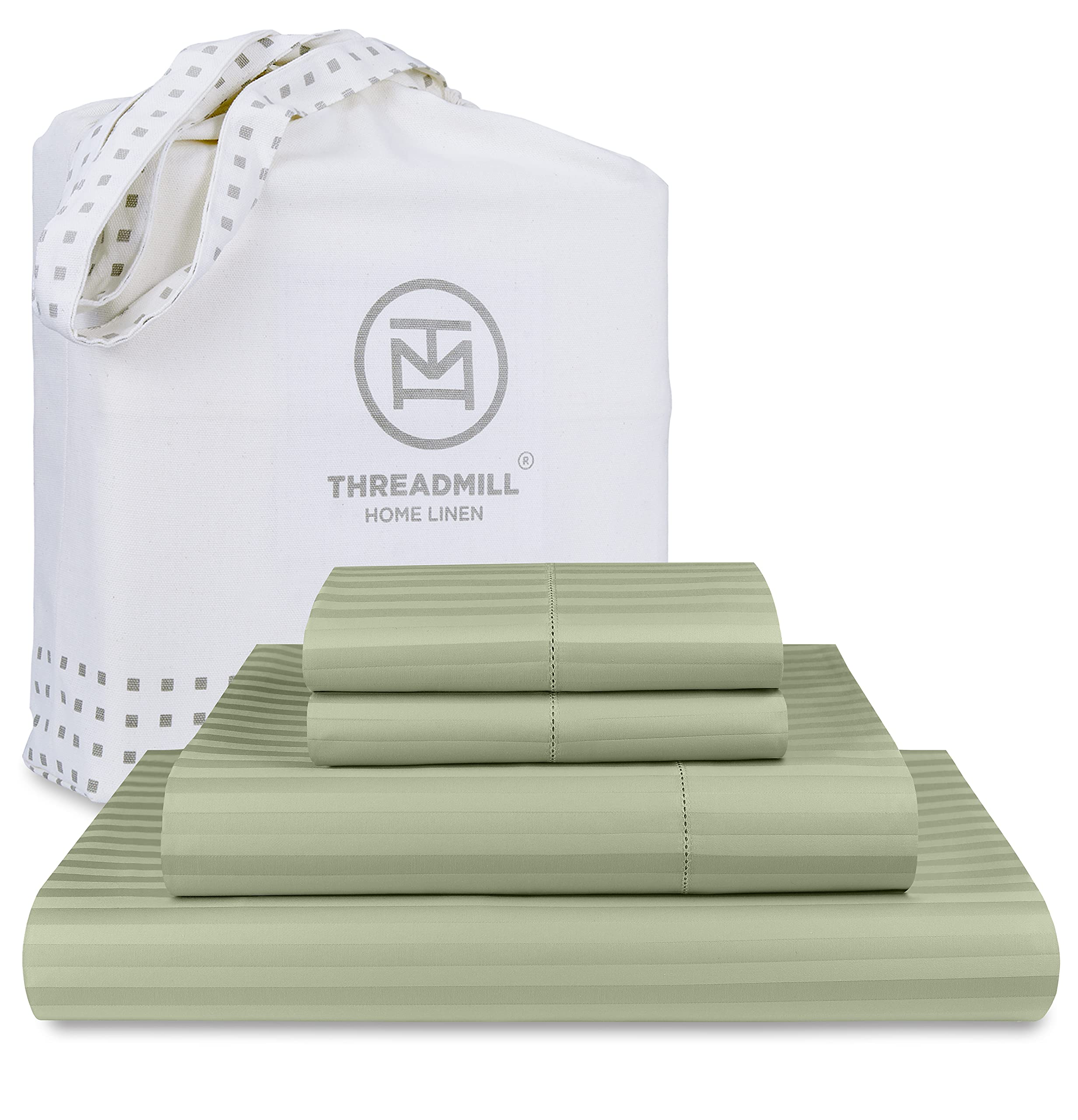 Photo 1 of Threadmill 100% Cotton Sheets for King Size Bed - 600 Thread Count King Bed Sheets Set with 16” Deep Pocket - Damask Stripe Sateen Weave 4-Piece Bedding Set with Cooling Effect, Sage Green
