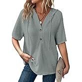 Dokotoo Womens Summer Tops Waffle Knit Short Sleeve Lightweight Drawstring Hoodies Button V Neck Casual Blouses Shirts