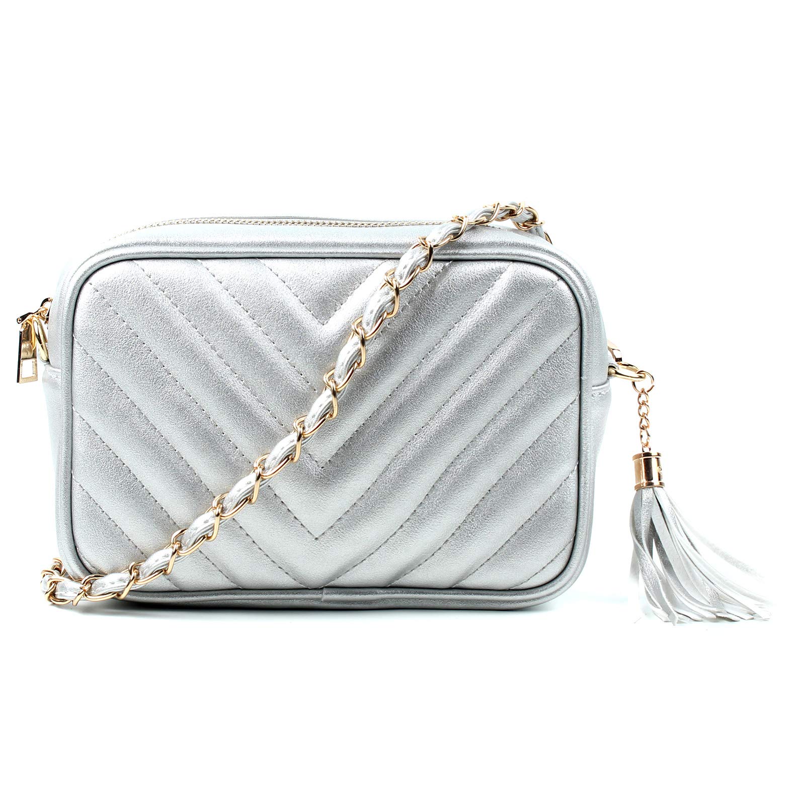 AOSSTA Women's Cross-Body Bag Designer Quilted Shoulder Bag for Women Handbag Tassel With Chain Strap (Silver, S)