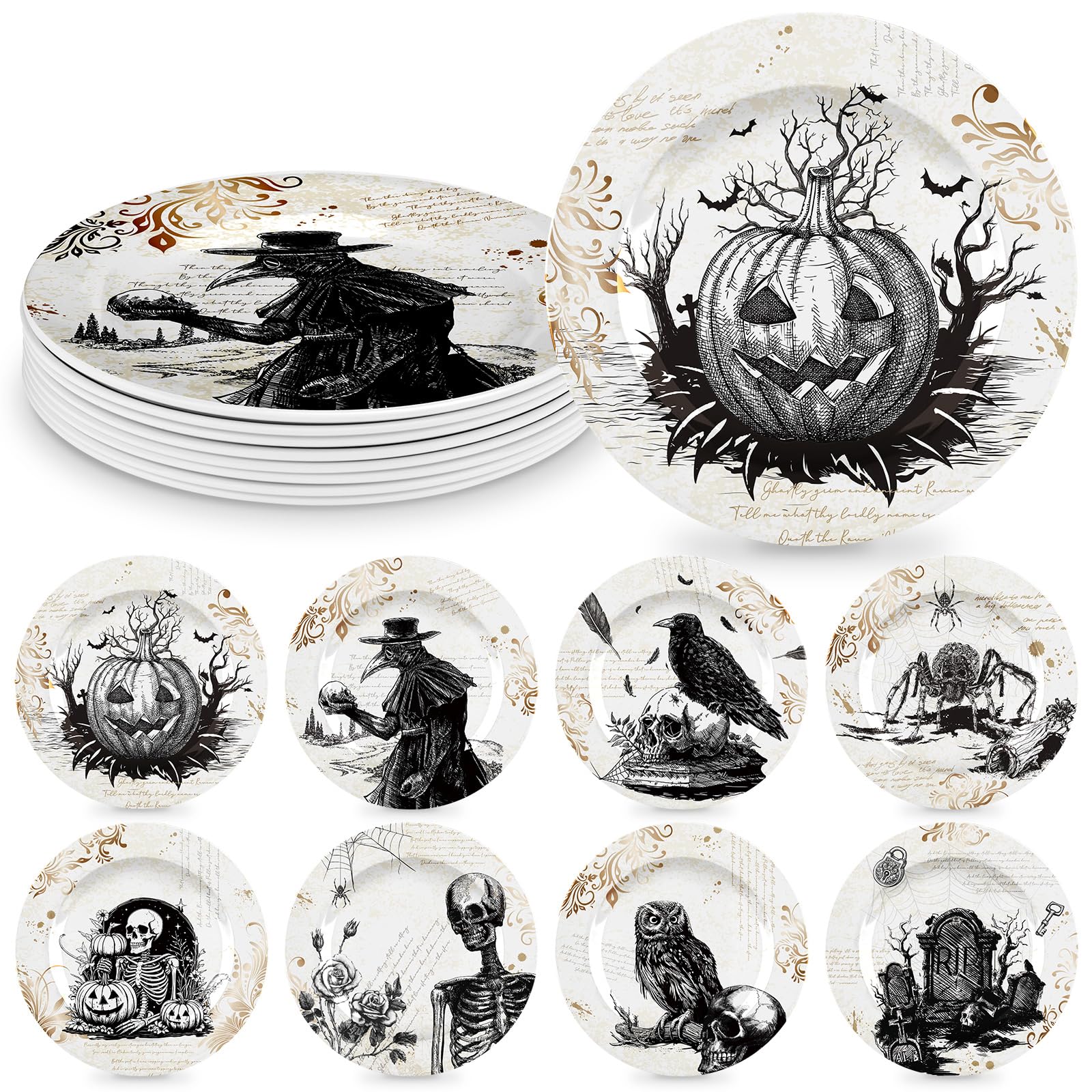 Photo 1 of LOYIM 8 Pcs Vintage Halloween Dinnerware Set Halloween Plates Serving Dishes 8 Inch Reusable Gothic Dinnerware Set Salad Dessert Plates for Indoor and Outdoor Use Kitchenware Gift(Retro,8 Inch)