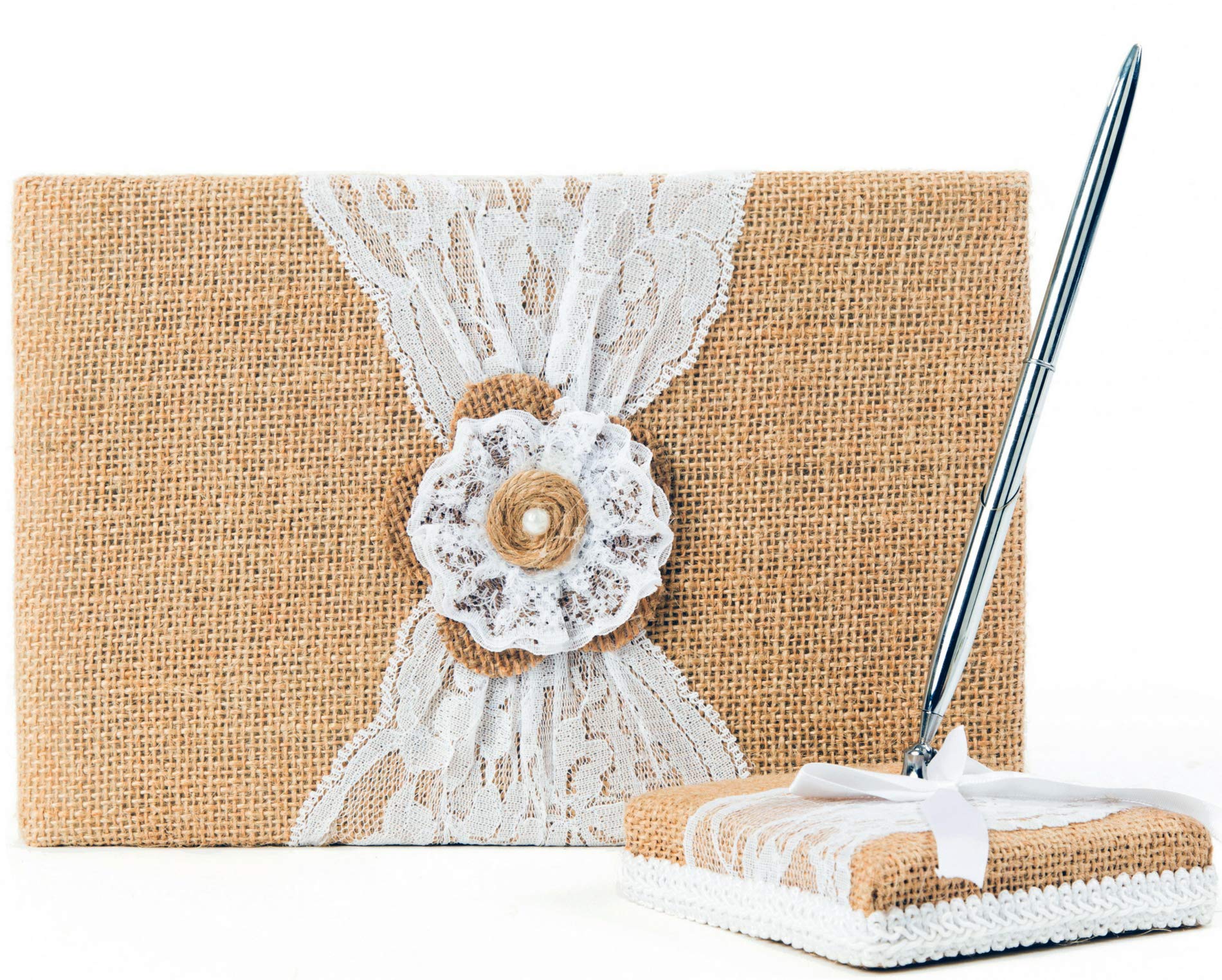 BETTERLINE Rustic Wedding Guest Book Made of Burlap and Lace - Includes Matching Pen Holder and Silver Pen - 120 Lined Pages for Guest Thoughts - Comes in Gift Box (Pearl Flower)