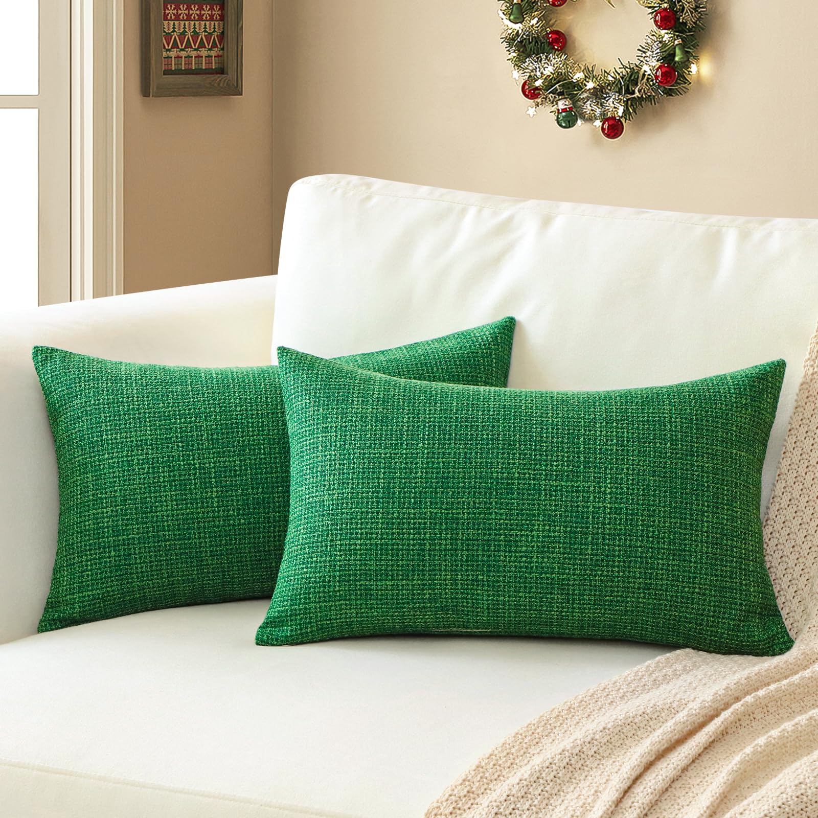 Artscope Christmas Cushion Covers Set of 2 Linen Decorative Square Pillowcases Pillow Covers 40x60cm for Home Decor Sofa Bedroom Car (Christmas Green, 16x24)