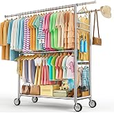 Heavy Duty Clothes Rack Load 1060LBS, Four Rods Rolling Clothing Racks for Hanging Clothes, Rolling Garment Rack With Sturdy Wheels Shelves Hooks, Portable &amp; Adjustable Commercial Garment Rack, Silver