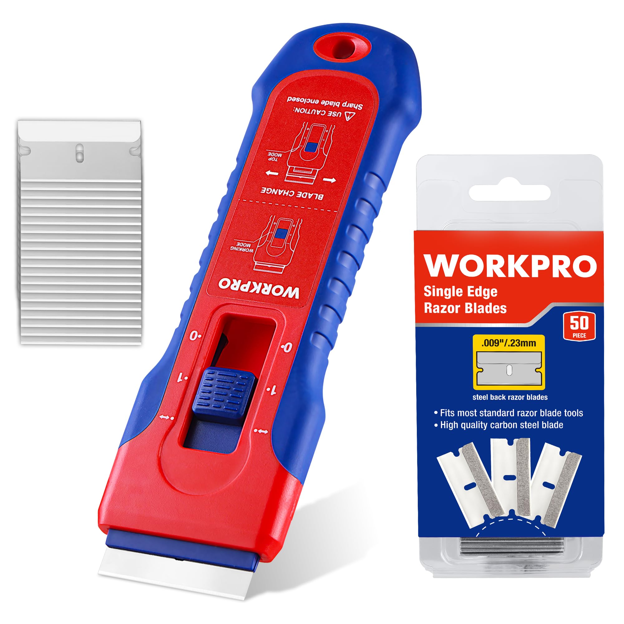 Photo 1 of (UNUSED) WORKPRO Retractable Razor Blade Scraper with 56 Blades, Built-in Storage Cleaning Scraper Tool for Paint Stickers Adhesive Glass Ceramic Wood