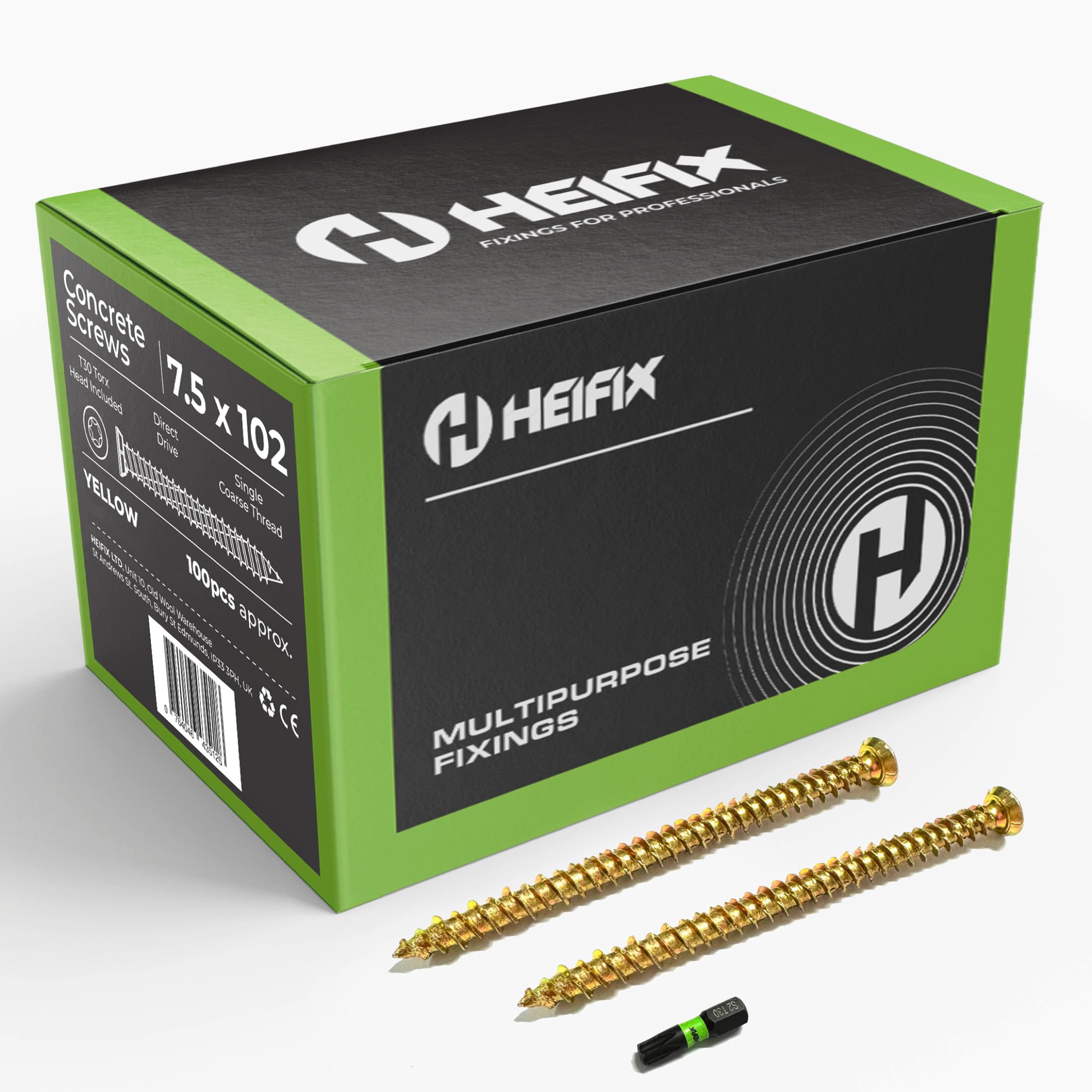 Heifix Carbon Steel Zinc-Plated Concrete Screws (QTY 100, 7.5mm x 102mm) FREE T30 Torx Bit Included - Flat Countersunk Head with Locking Ribs, Deep High/Low Thread for Maximum Hold — image 1