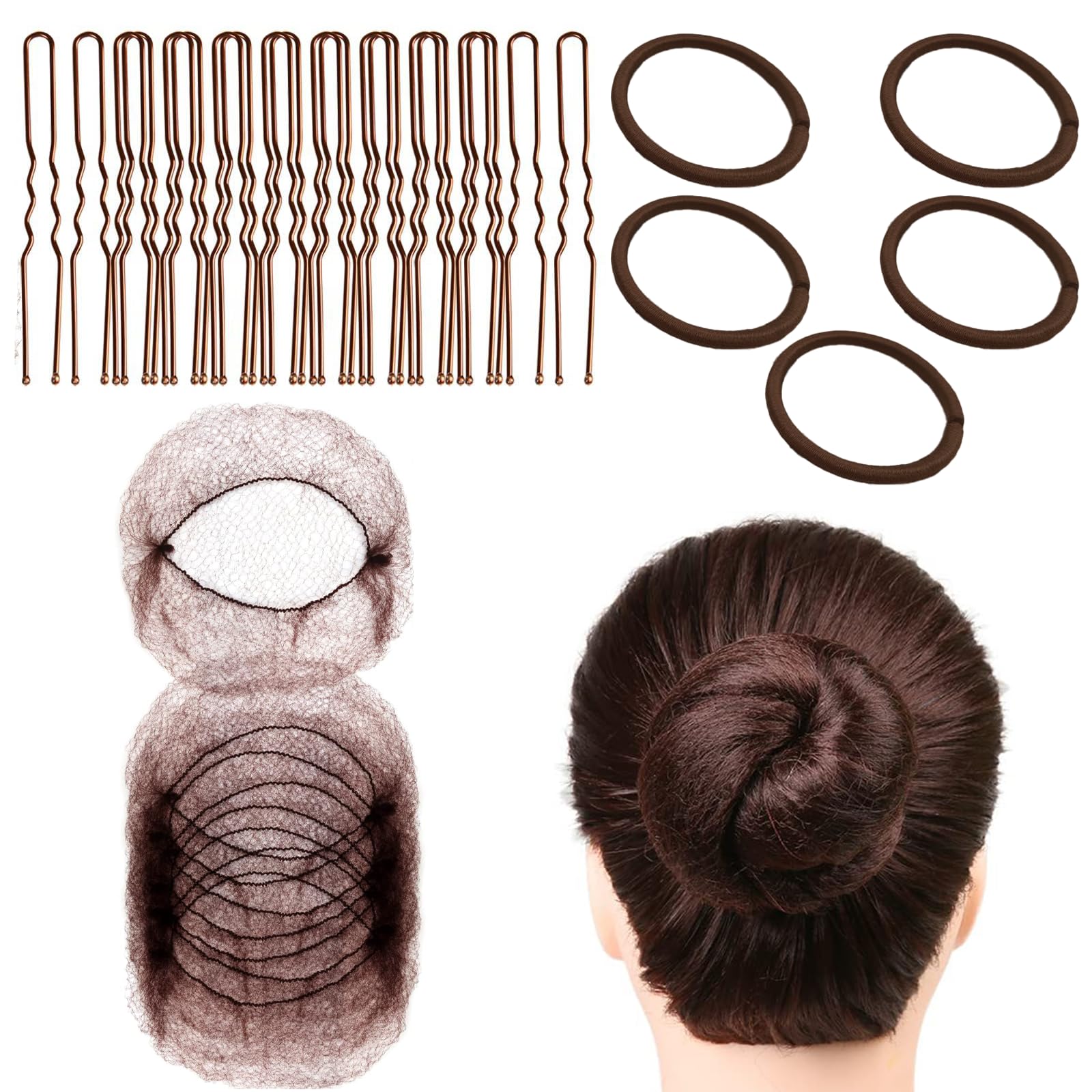 Bettinay 85PCS Brown Hair Bun Net Kit, 40 Invisible Ballet Hair Nets for Buns Kids with 40 U Shaped Pins and 5 Rubber Bands