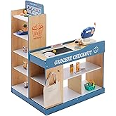 Amazon Basics Grocery Store Checkout Counter with Shopping Cart, Kids Supermarket Pretend Play Store Cash Register, Gift for 