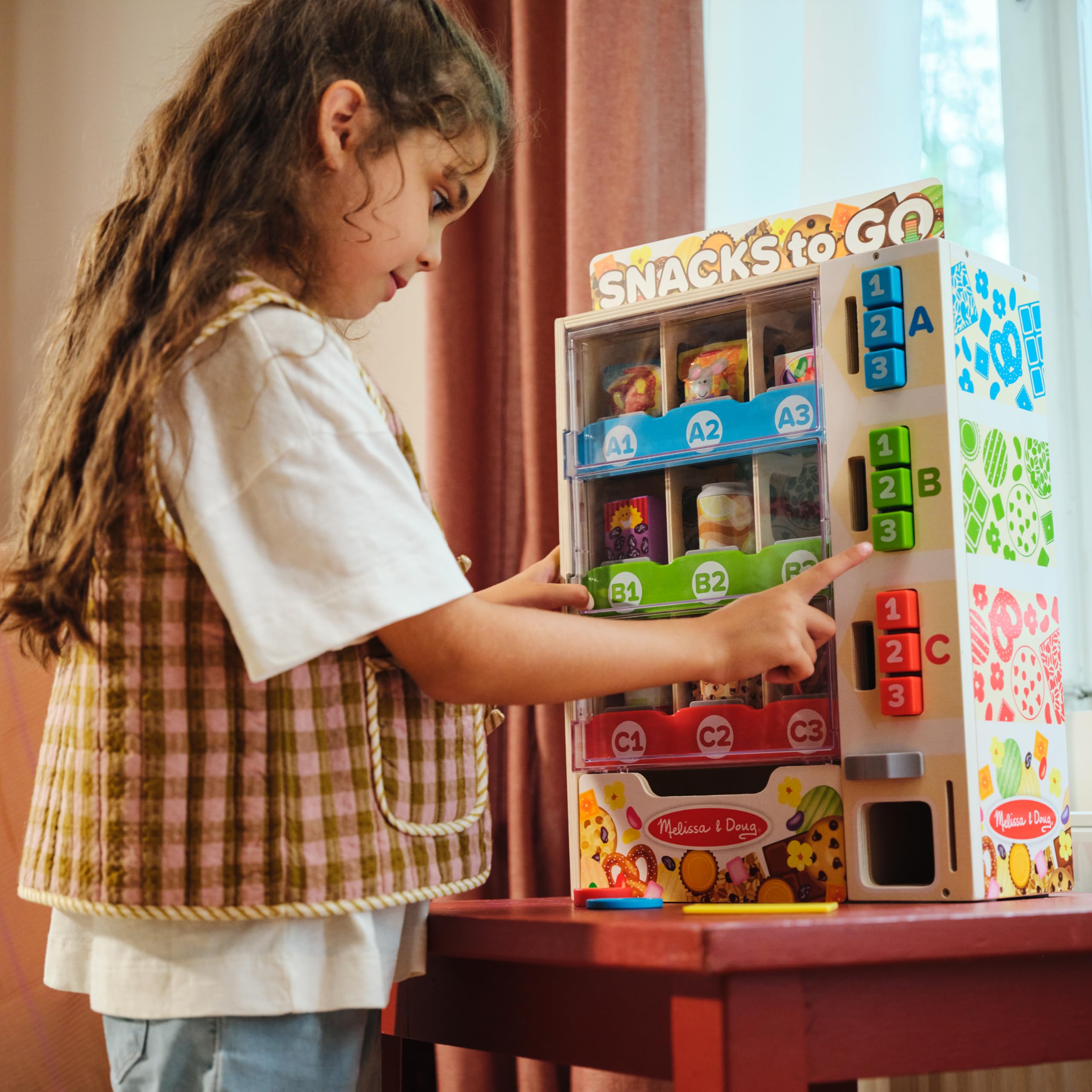 Melissa & Doug Sort-Stock-Select Wooden Vending Machine Toy with Play Food, Mini Vending Machine Toys & Play Money, Preschool Toys for Kids Ages 3+