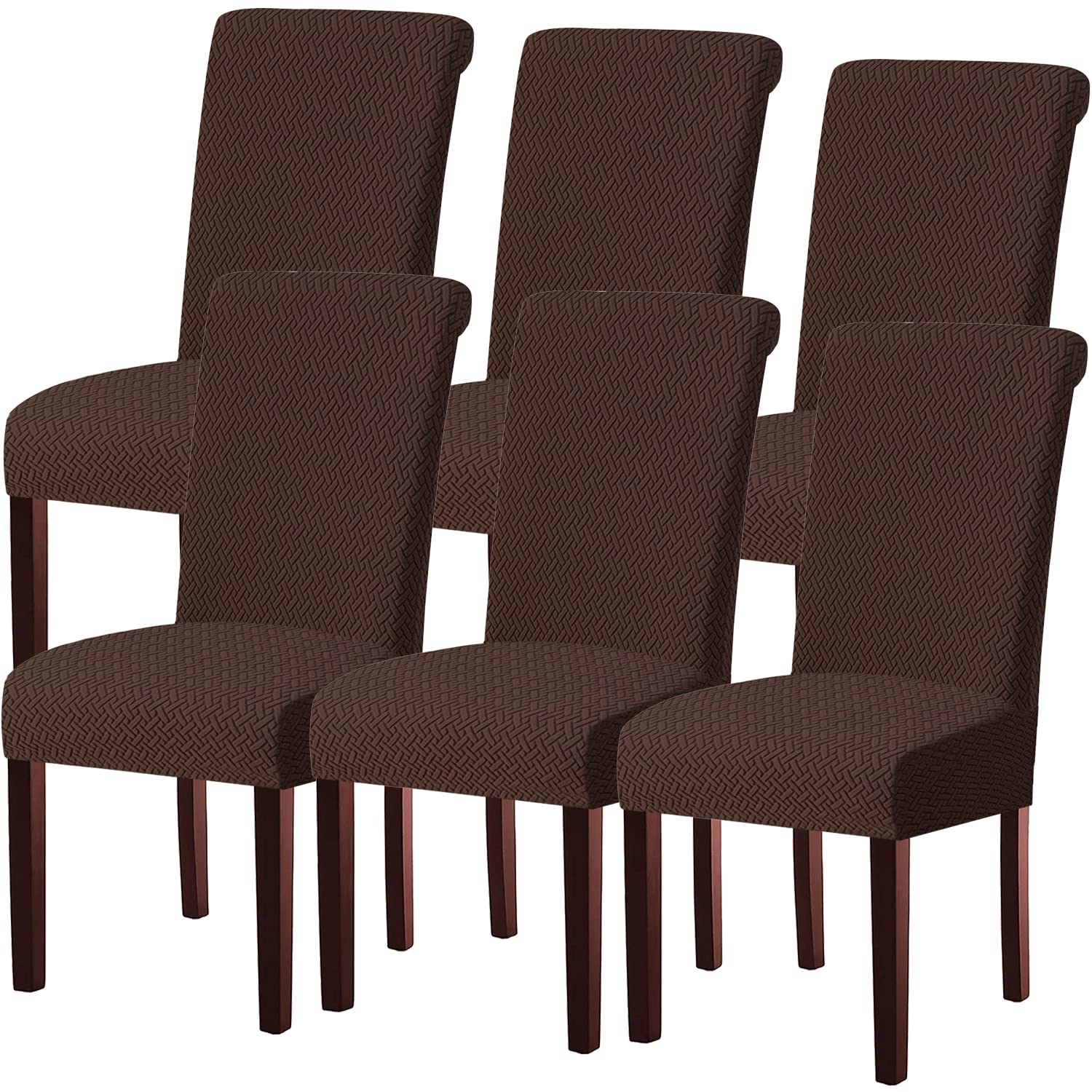 KELUINA Stretch Jacquard kitchen Dining Room Chair Covers,Removable Chair Seat Covers for Dining Chairs Set of 1/2/4/6,Parsons Chair Protector Decoration Covers(Brown,6 Pcs)