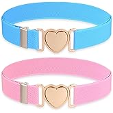 LIQWEI 2 Pack Girls Belt for Waist Size 15-30", Kids Elastic Belt Heart-Shaped Metal Buckle Waist Belt for Girls (Blue+Pink)
