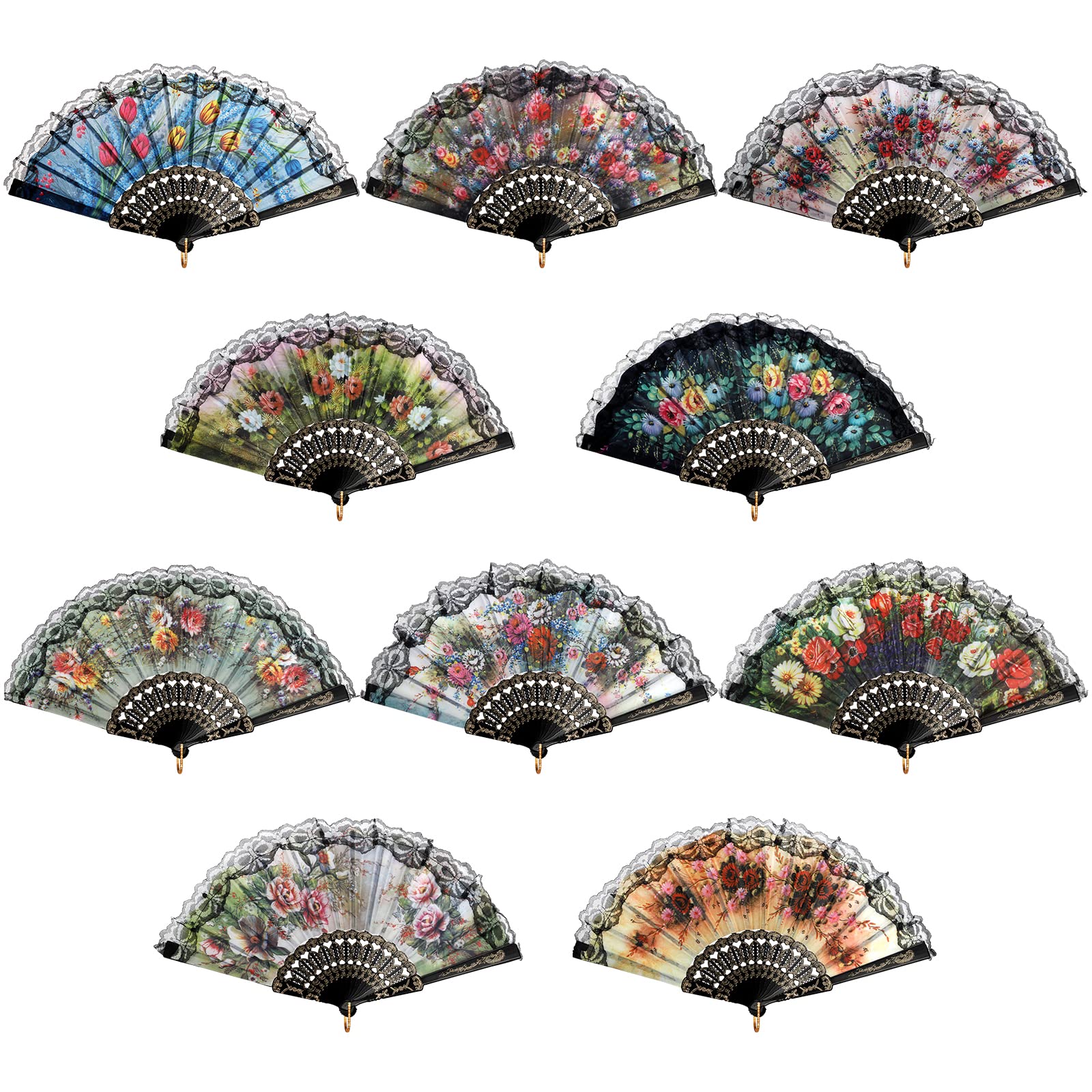 Coloch 10 Pack Spanish Floral Folding Hand Fan with Plastic Side, Vintage Handheld Folding Fan with Retro Patterns for Wedding, Dancing Party, Cosplay, Fancy Gift, Wall Decoration, Random Pattern