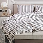 Lavien Home, 100% Natural Cotton Duvet Cover Set King Size, Linen Like Striped, 1 Duvet Cover with 2 Pillowcases, Soft and Easy Care (Milas, King 104"x90")