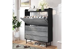 Vividwood Shoe Storage Cabinet with 2 Flip Drawers, Wooden Shoe Rack Organizer Cabinet with Adjustable Shelf, Narrow Shoe Cabinet for Entryway, Hallway, Living Room (Grey)