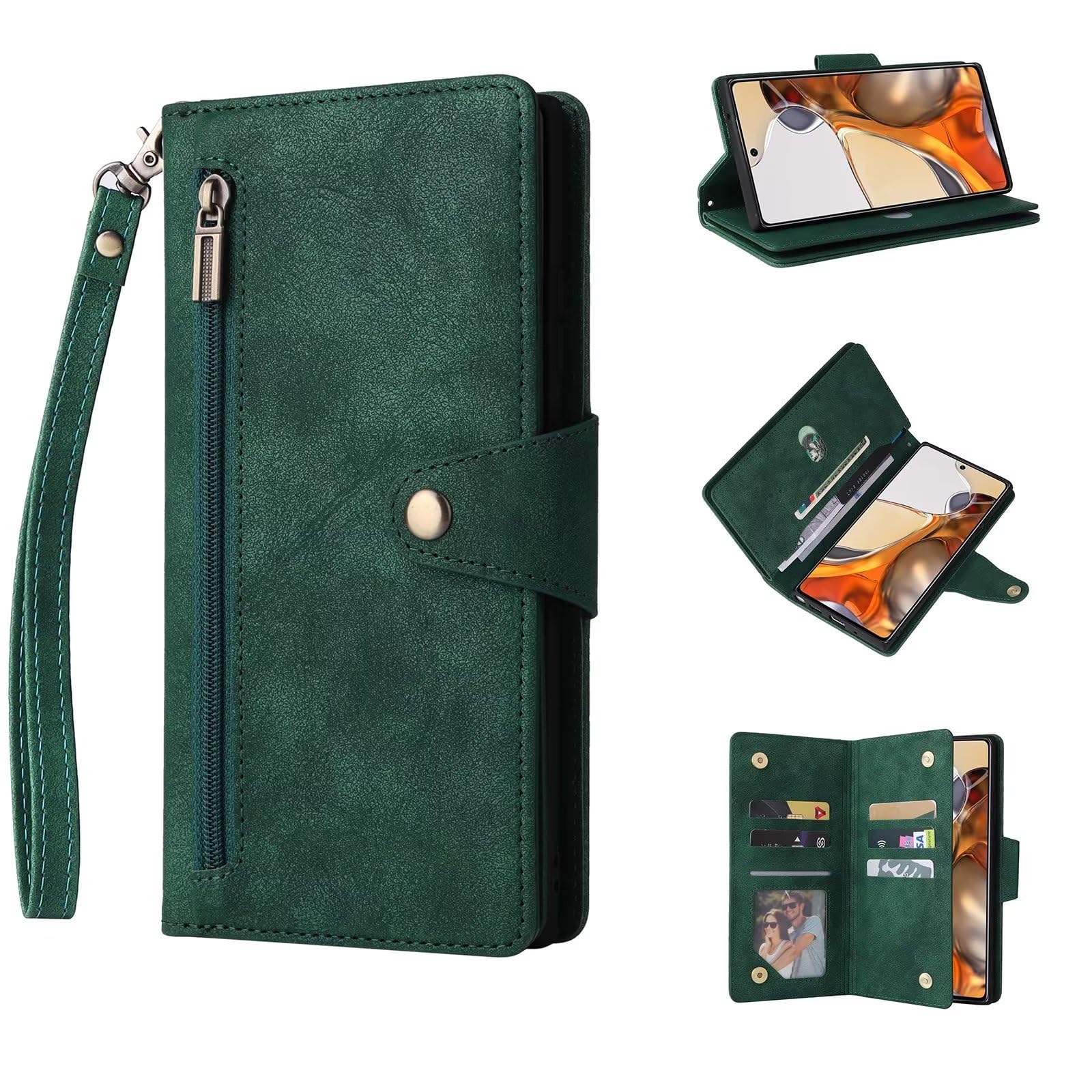 ESONG Wallet Case for Google Pixel 8,Premium PU Leather Zipper Pocket Magnetic Flip Stand Case Cover with Wrist Strap/Card Slots/Coin Pouch/Kickstand,Full Body Protection Phone Case -green