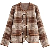 HOULENGS Women's Vintage Button Down Cardigan Sweater Plaid Print Long Sleeve Knit Coat Fall Fashion Outerwear with Pockets