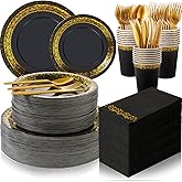Didaey 700 Pcs Disposable Dinnerware Set for 100 Guests Include 200 Paper Plates, 300 Plastic Silverware, 100 Paper Cups, 100 Napkins for Wedding Birthday Party Supplies (Black Gold Pattern)