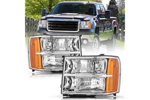 TUSDAR Fit for 2007-2013 GMC Sierra 1500 Headlight Assembly 07-14 GMC Sierra 2500 HD 3500 HD OE Factory Style Replacement LH+RH Chrome Housing&Amber Reflector