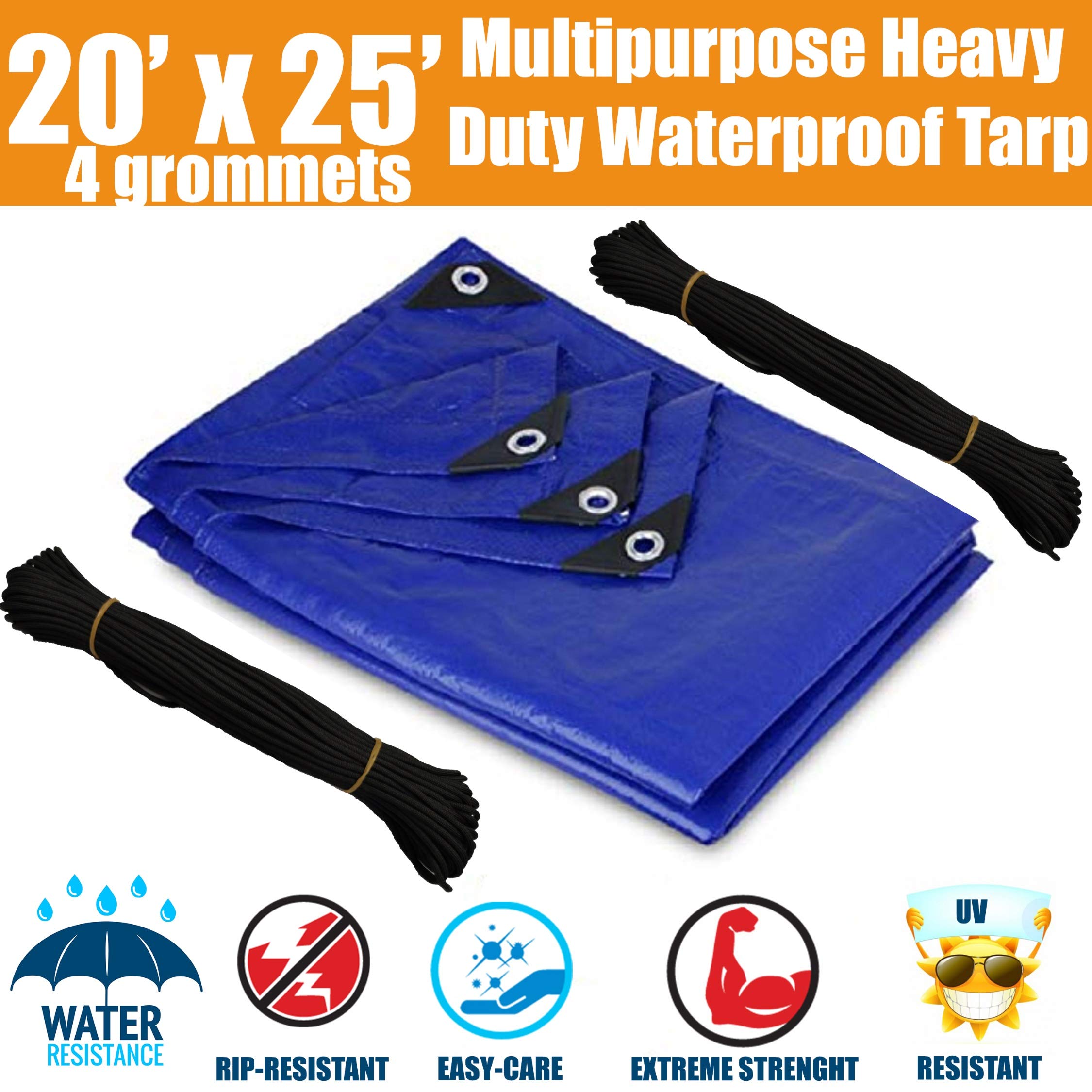 20'x25' Heavy Duty Waterproof Tarps MultiPurpose Blue Tarpaulin with